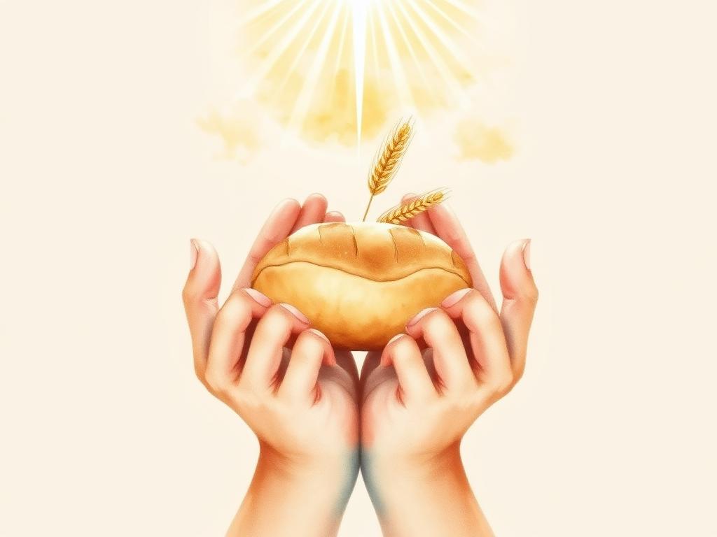 Mãos segurando pão com luz dourada